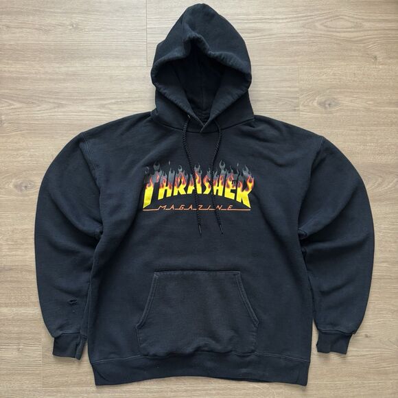 Thrasher Flame Logo Hoodie Black San Francisco Skate Mag Graphic Sz M Distressed - Picture 8 of 8